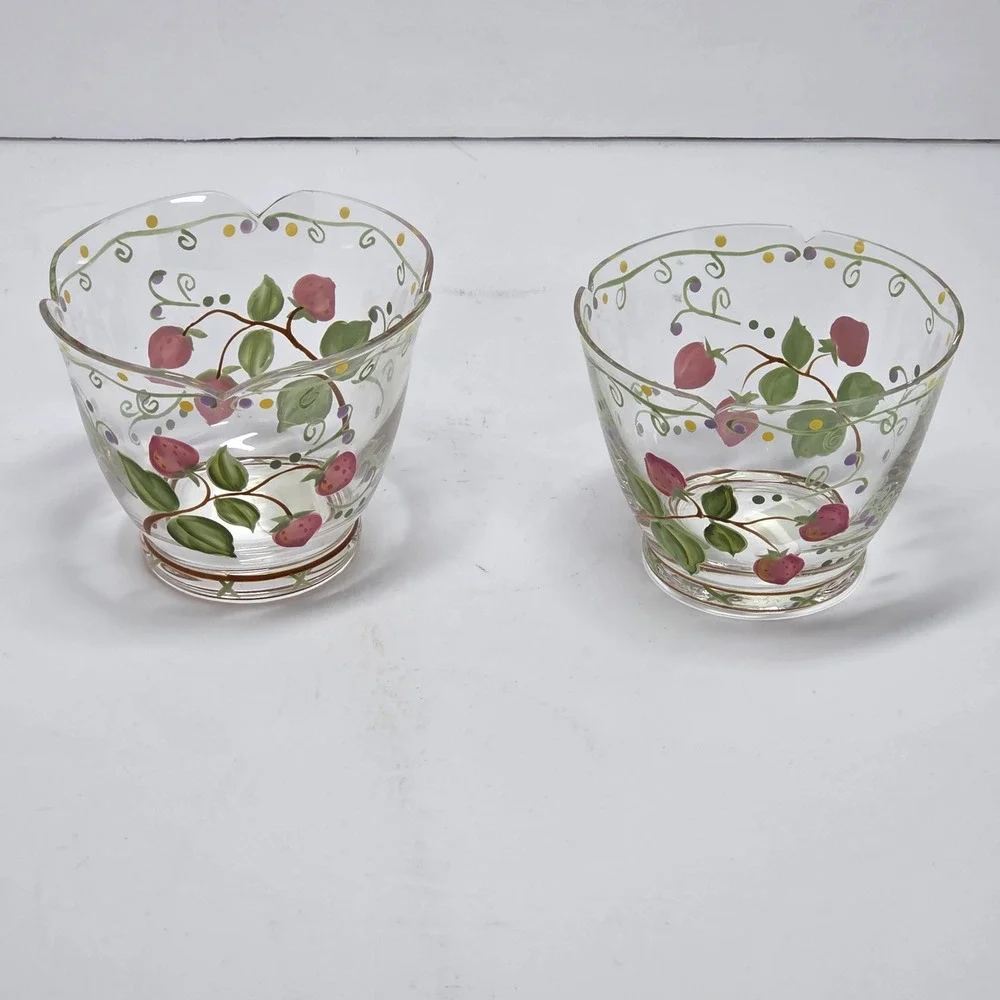 PartyLite Summer Strawberries Glass Votive Candle Holders Set of 2 Vintage 90s